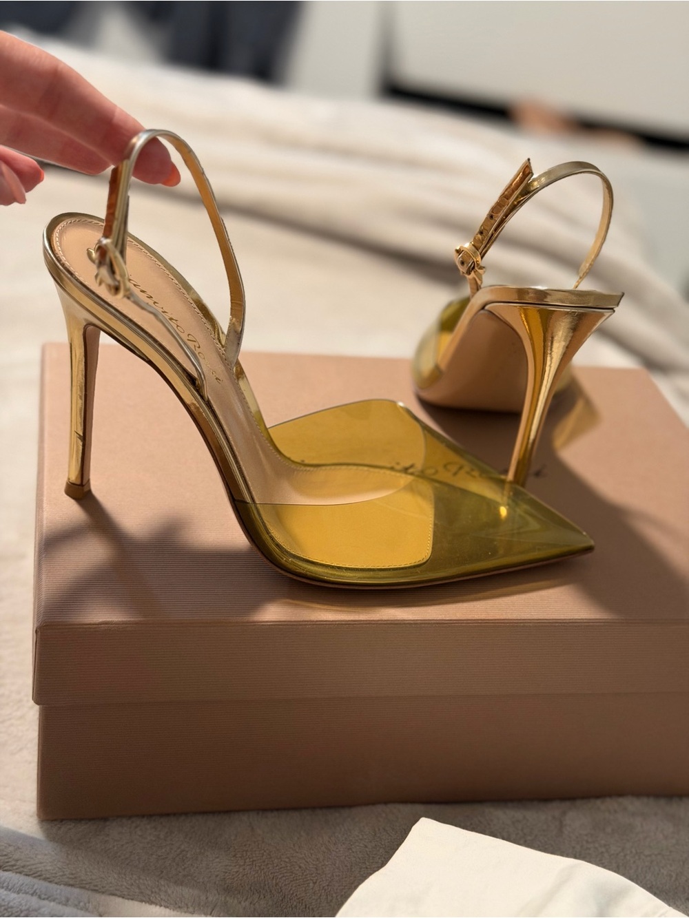 Gianvito Rossi Gold Transparent Slingback Pointed Heels